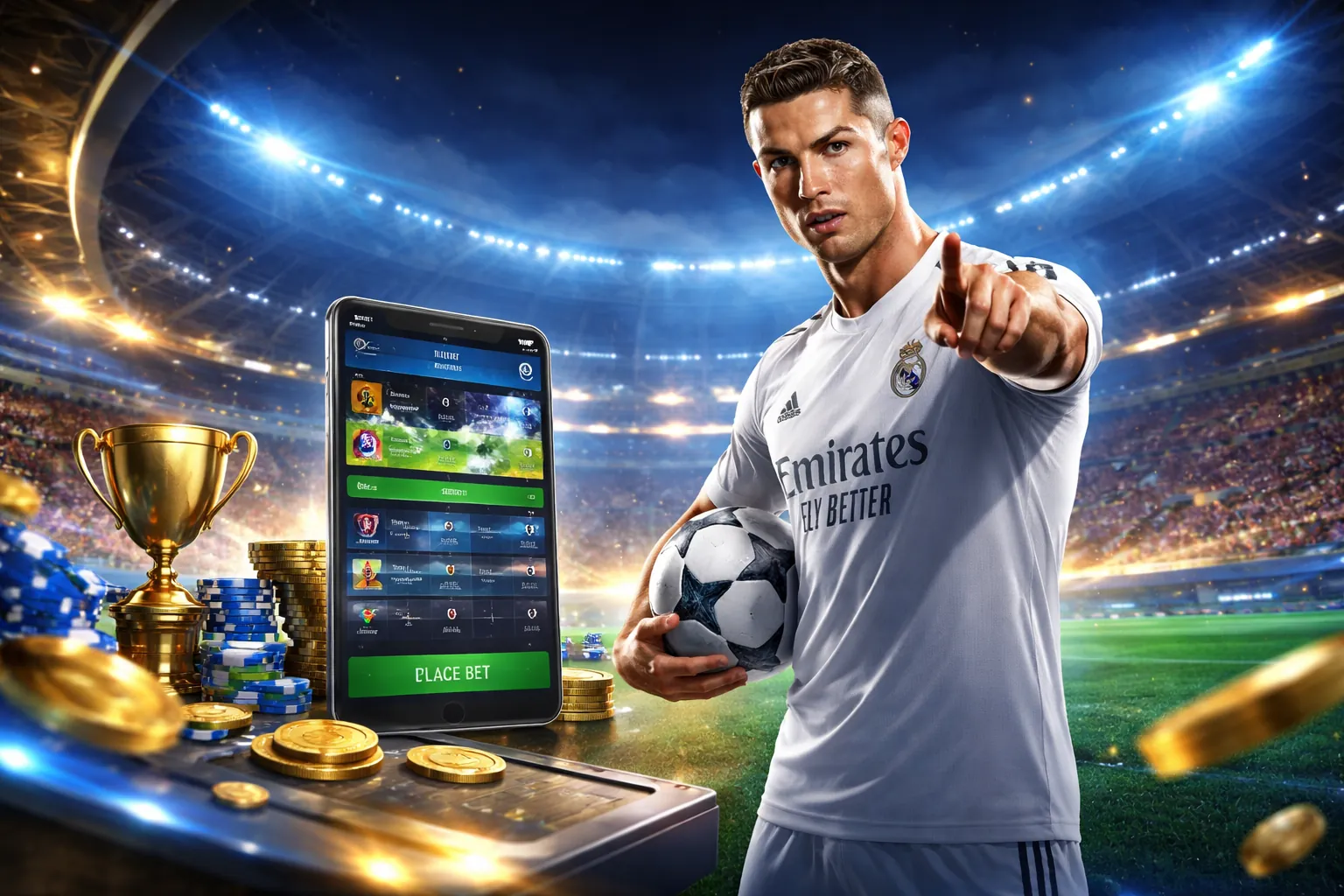 Sân vận động đầy ắp khán giả với hình ảnh đồ họa cá cược thể thao 123goal